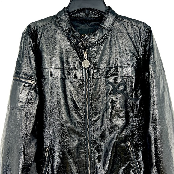 𝅺Rocawear Womens Faux leather Black shiny  1X Retro Vintage Y2K Jacket - Picture 1 of 12